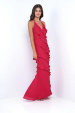 Remi Red Maxi Dress - Halter Neck, Open Back, Ruffle Detail
