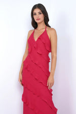 Remi Red Maxi Dress - Halter Neck, Open Back, Ruffle Detail