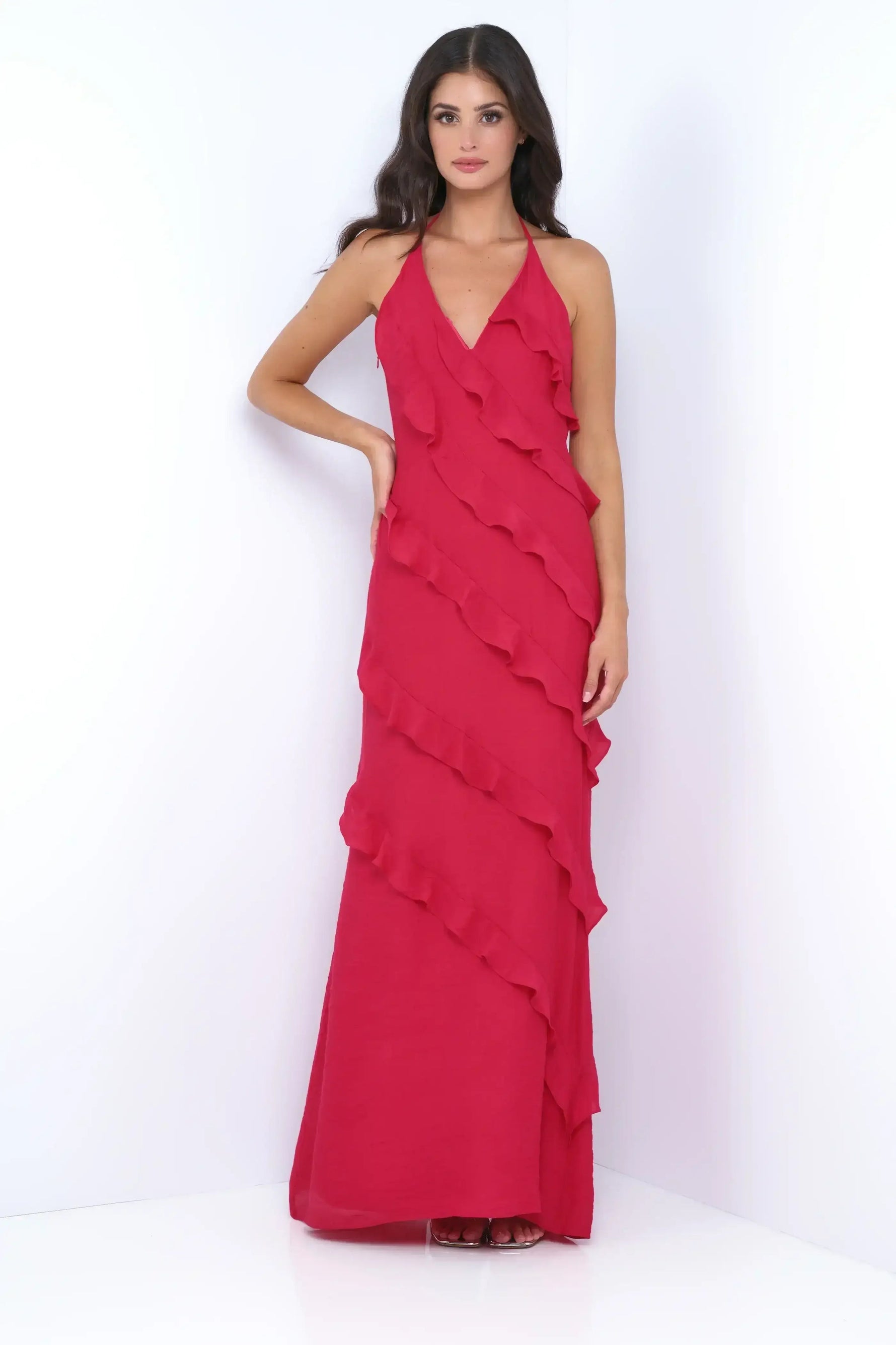 Remi Red Maxi Dress - Halter Neck, Open Back, Ruffle Detail