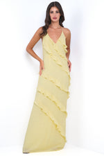 Remi Yellow Maxi Dress - Halter Neck, Open Back & Ruffle Detail - By Baano