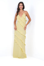 Remi Yellow Maxi Dress - Halter Neck, Open Back & Ruffle Detail - By Baano