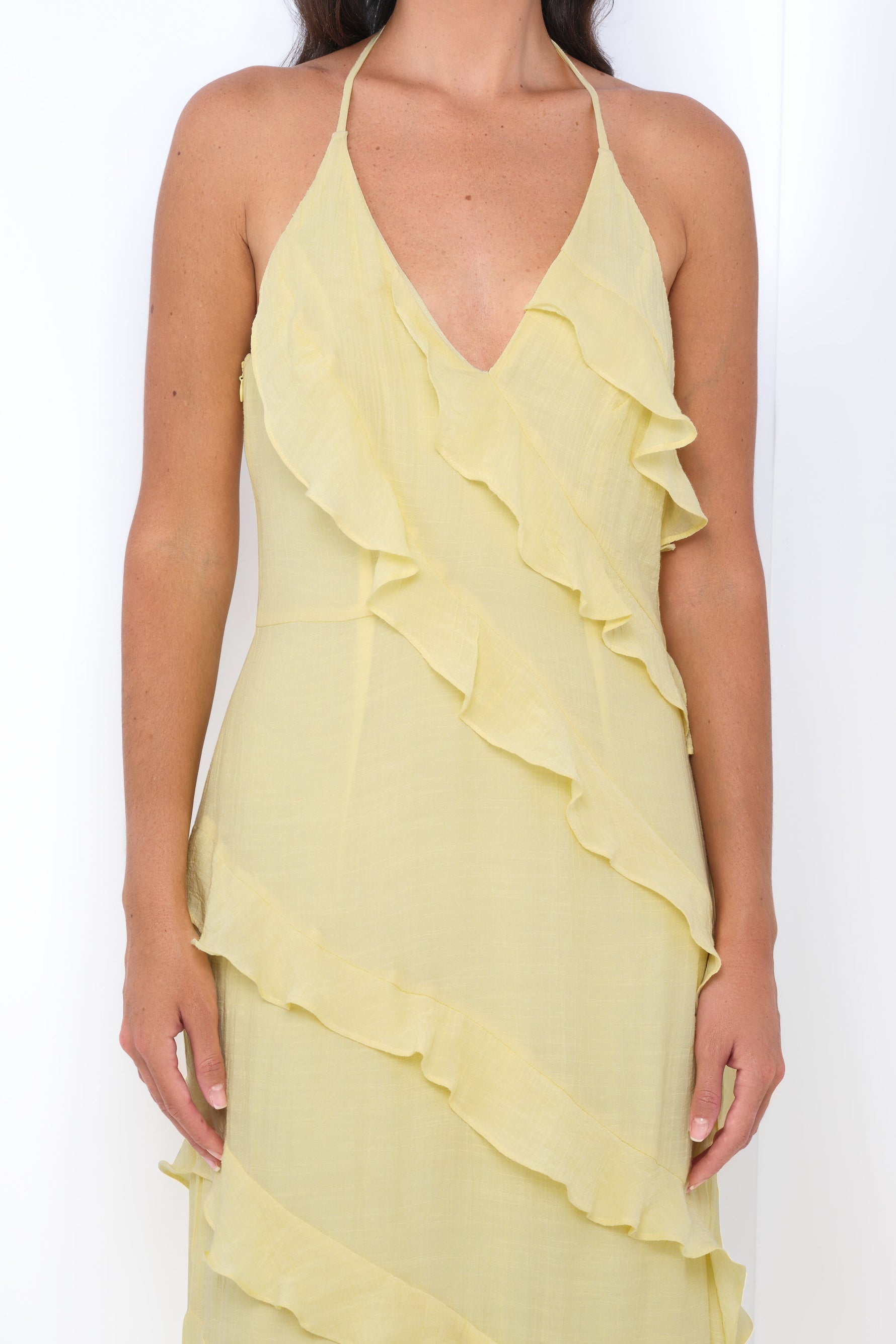 Remi Yellow Maxi Dress - Halter Neck, Open Back & Ruffle Detail - By Baano