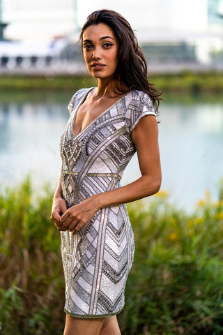 Lara 29909 - Beaded, V-neck Mini Dress - By Baano