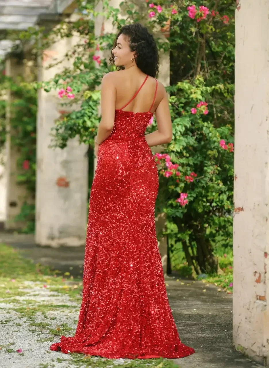 Stardust One Shoulder Sequin Gown - Red - FINAL SALE