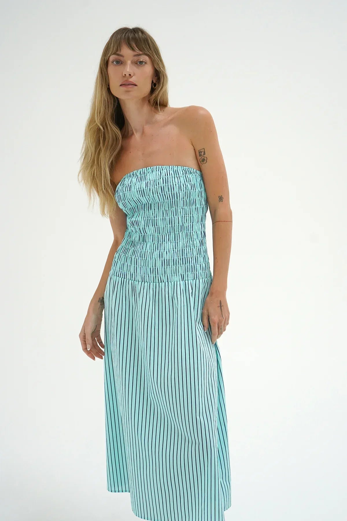 Kapaia Strapless Dress | Teal Navy Stripe - Glamourous Grace