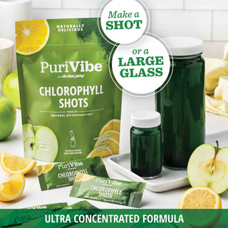 PuriVibe Chlorophyll & Lemon Juice Shots - Wellness Shot, Superfood Supplement Powder - Green Juice - Supports Detox & Gut Health