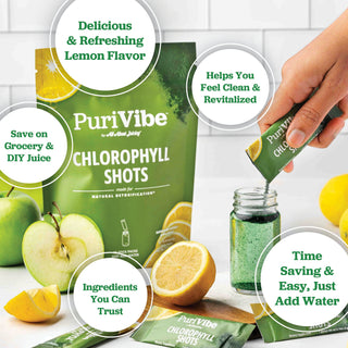 PuriVibe Chlorophyll & Lemon Juice Shots - Wellness Shot, Superfood Supplement Powder - Green Juice - Supports Detox & Gut Health