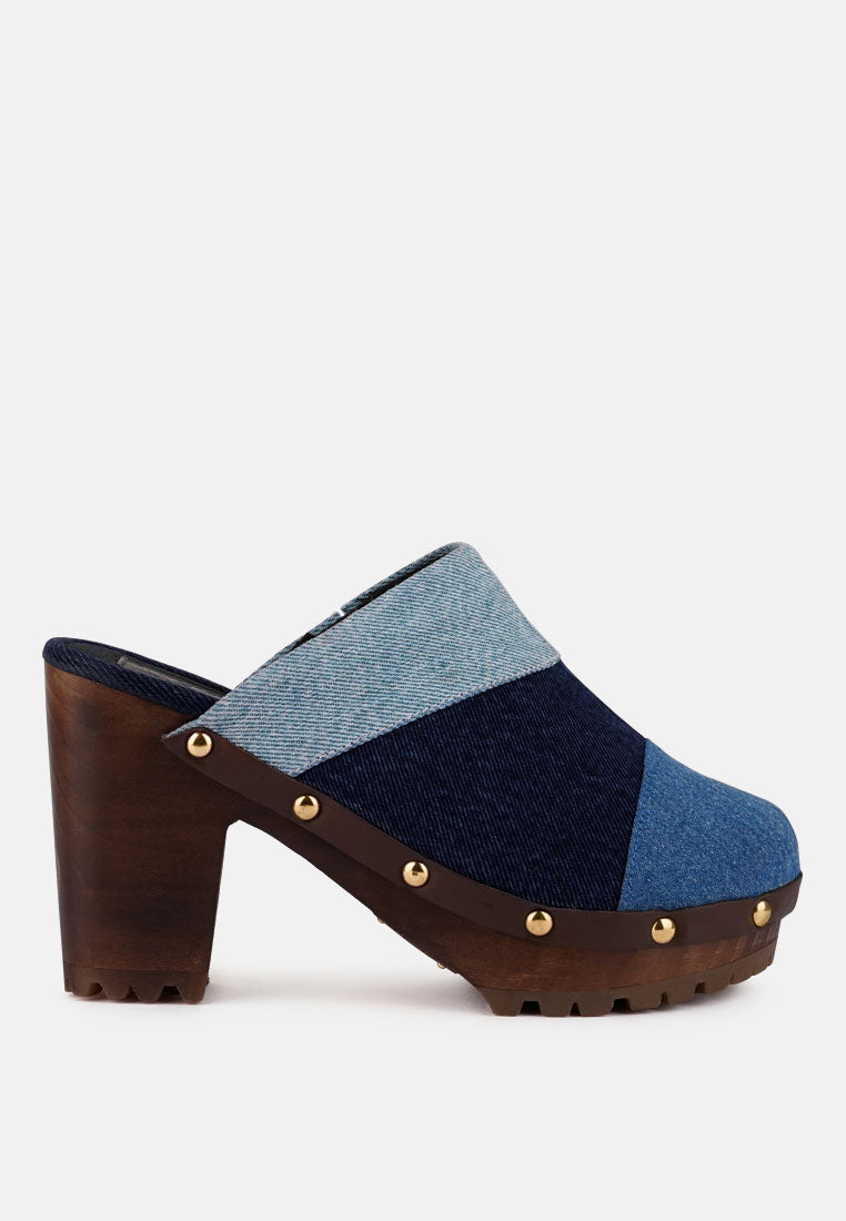 Meso Blue Denim Patchwork Clogs Mules