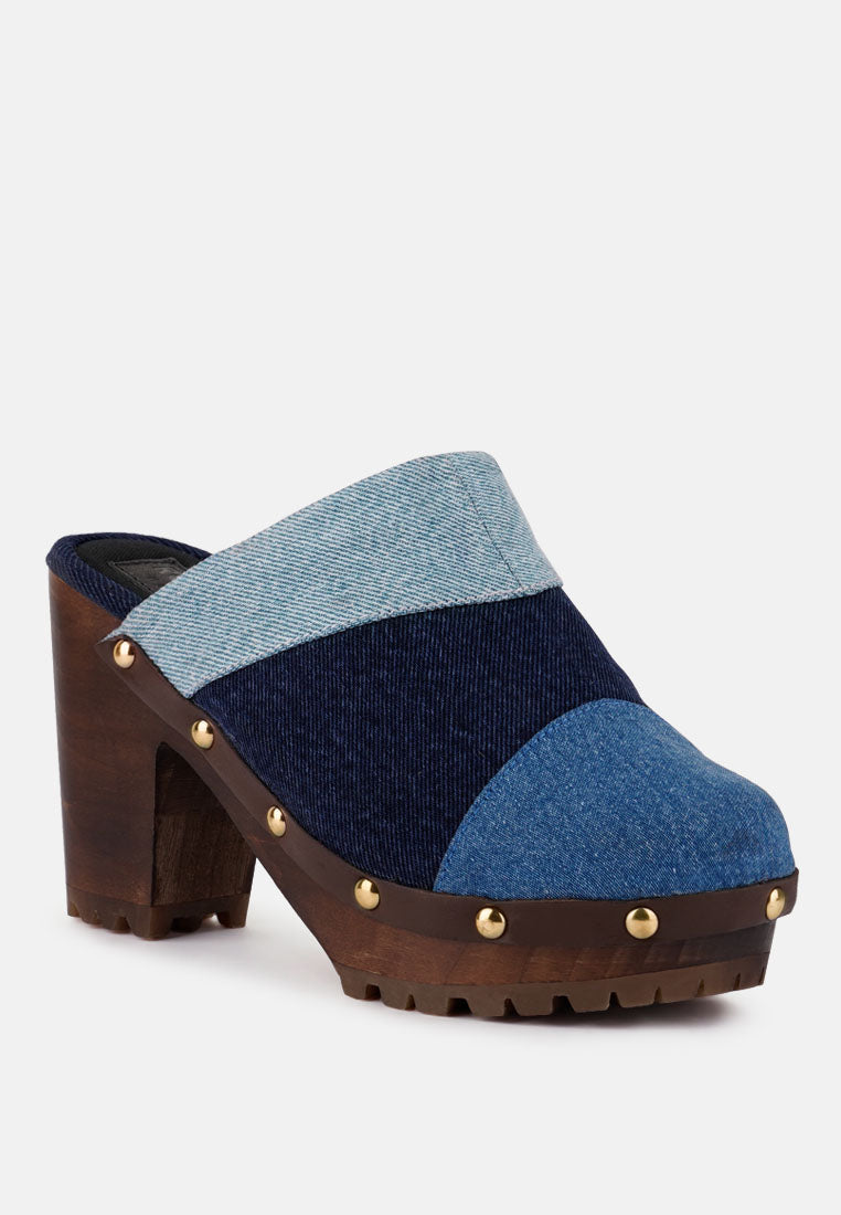 Meso Blue Denim Patchwork Clogs Mules