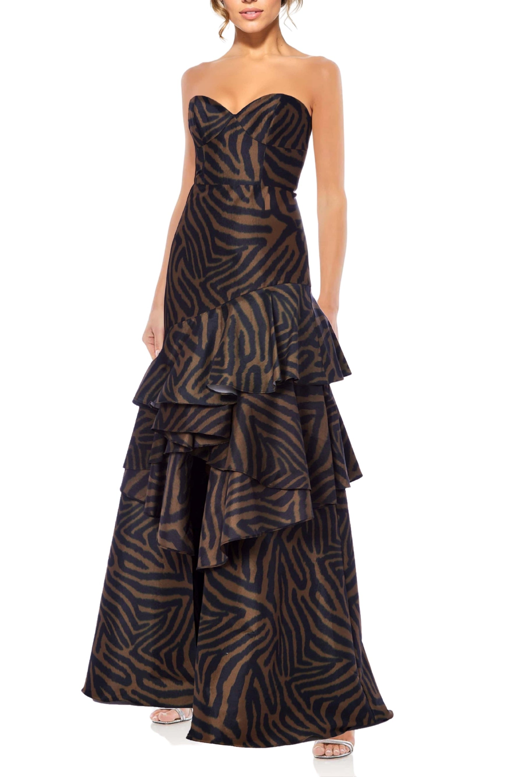 One 33 Social Blair Printed Strapless Sweetheart Open Back Ruffled Mermaid Gown Dress