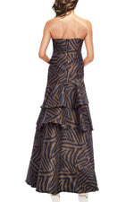 One 33 Social Blair Printed Strapless Sweetheart Open Back Ruffled Mermaid Gown Dress