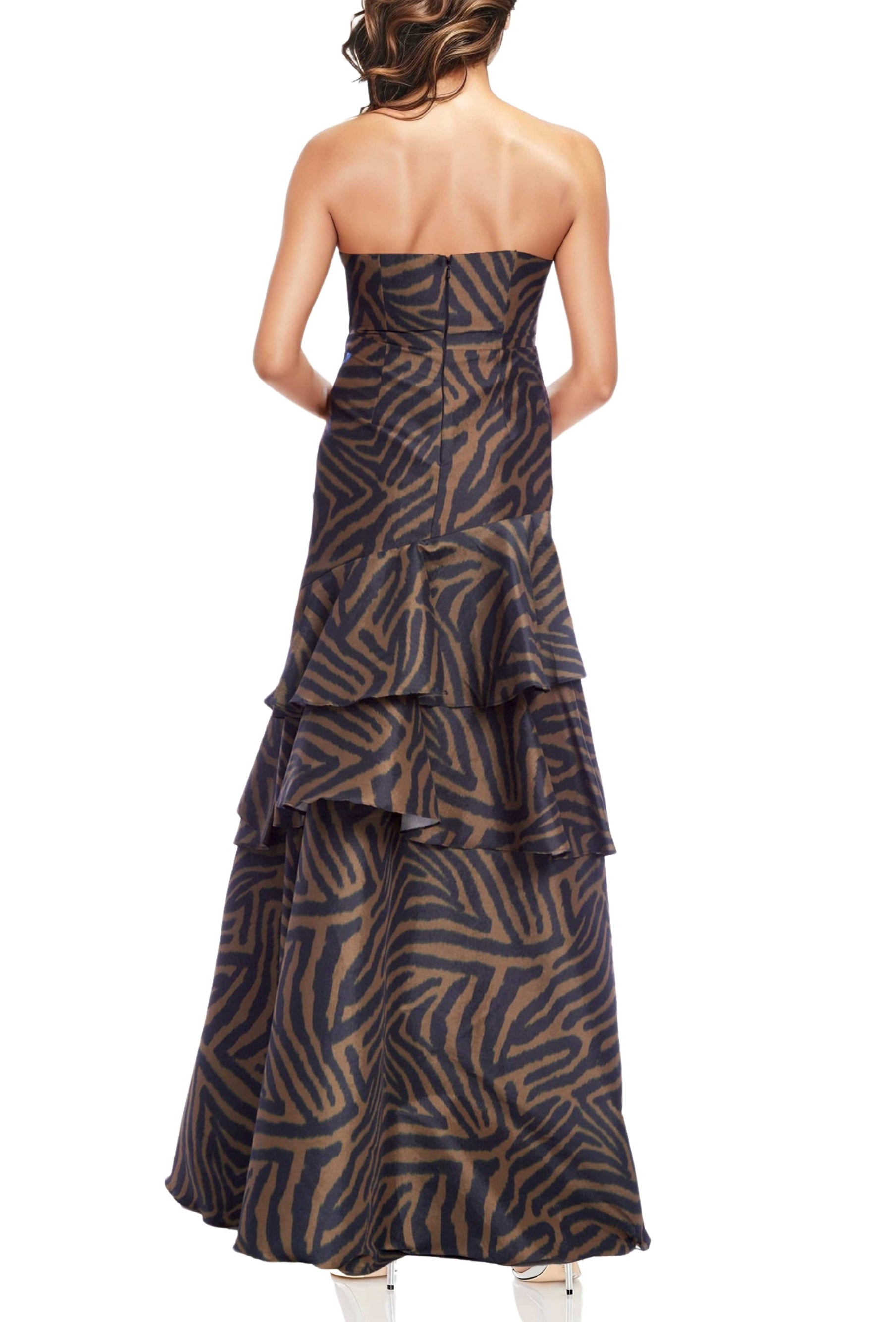 One 33 Social Blair Printed Strapless Sweetheart Open Back Ruffled Mermaid Gown Dress