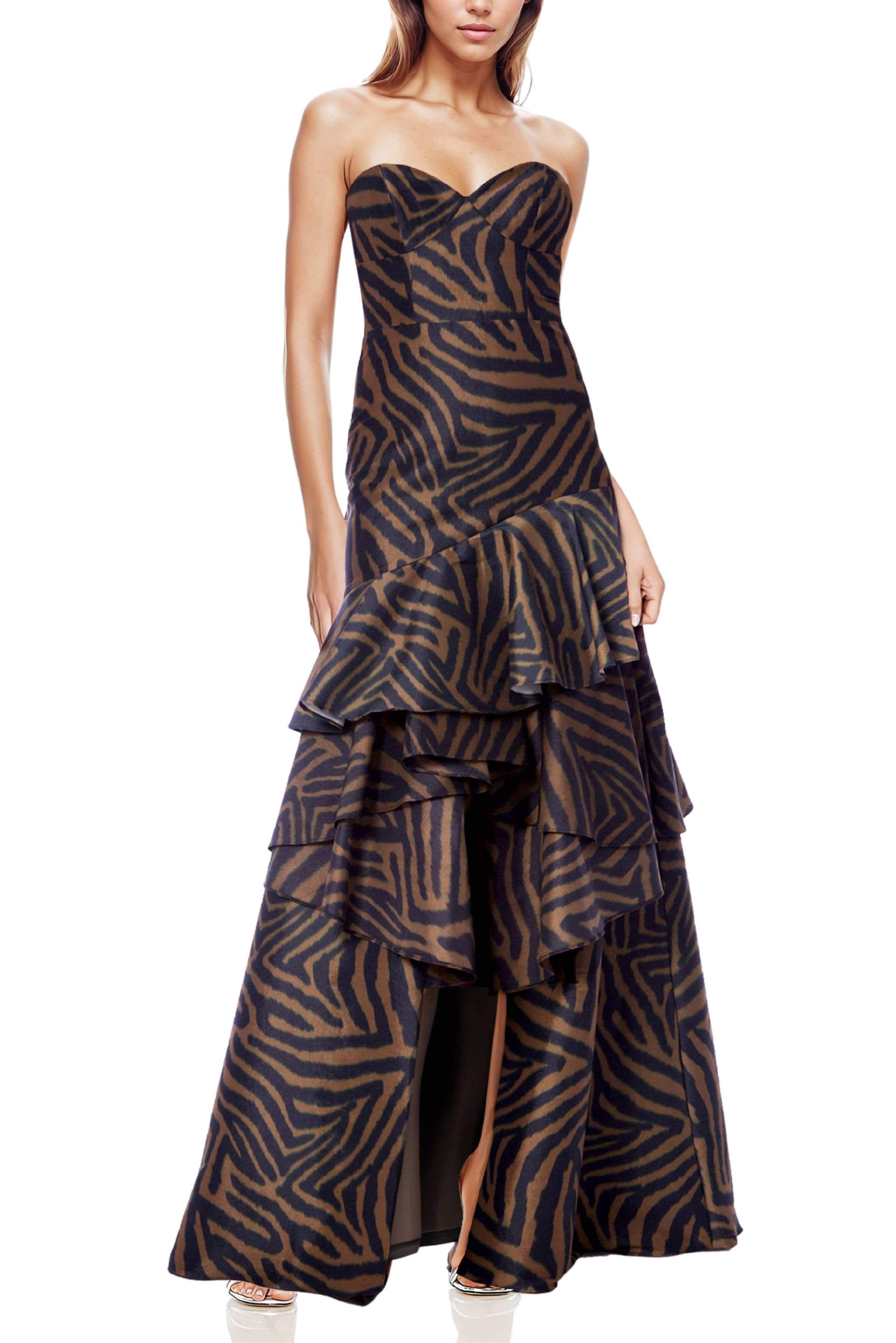 One 33 Social Blair Printed Strapless Sweetheart Open Back Ruffled Mermaid Gown Dress