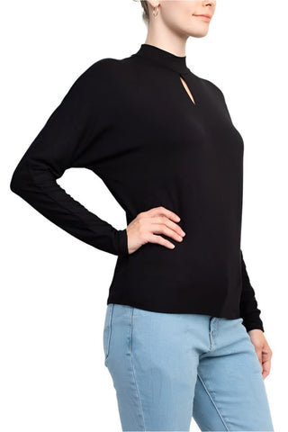 Catherine Malandrino High Neck Keyhole Front Long Sleeve Solid Knit Top - Glamourous Grace
