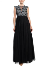 Aidan Mattox Crew Neck Illusion Sleeveless Floral Open Back Embroidered Bodice Ruched Mesh Dress - Glamourous Grace