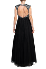 Aidan Mattox Crew Neck Illusion Sleeveless Floral Open Back Embroidered Bodice Ruched Mesh Dress - Glamourous Grace