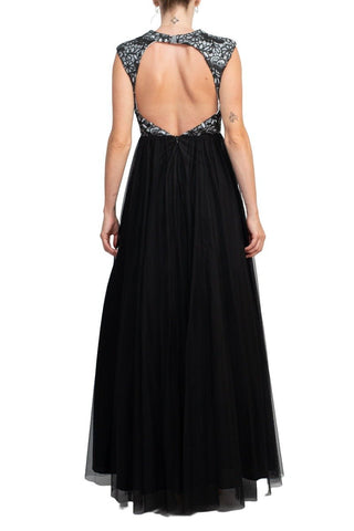 Aidan Mattox Crew Neck Illusion Sleeveless Floral Open Back Embroidered Bodice Ruched Mesh Dress - Glamourous Grace