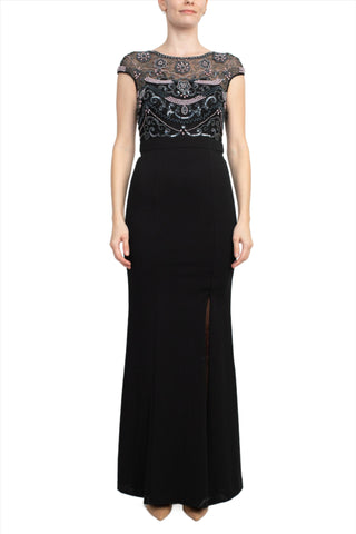 Aidan Mattox Embellished Mesh Bodice Crew Neck Cap Sleeve Keyhole Back Stretch Crepe Dress - By Baano