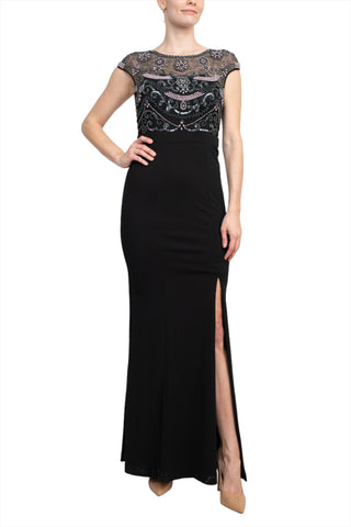 Aidan Mattox Embellished Mesh Bodice Crew Neck Cap Sleeve Keyhole Back Stretch Crepe Dress - By Baano