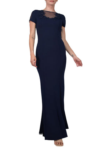 Aidan Mattox Illusion Embellished Crew Neck Short Sleeve Trumpet Keyhole Back Concealed Zipper Back Crepe Dress - By Baano