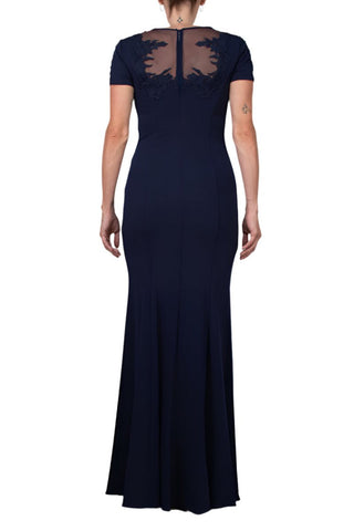 Aidan Mattox Illusion Embellished Crew Neck Short Sleeve Trumpet Keyhole Back Concealed Zipper Back Crepe Dress - By Baano