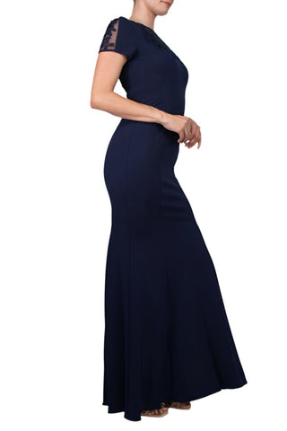 Aidan Mattox Illusion Embellished Crew Neck Short Sleeve Trumpet Keyhole Back Concealed Zipper Back Crepe Dress - By Baano