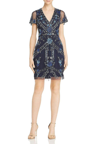 Aidan Mattox V-Neck Short Sleeve Embellished Zipper Back Mesh Dress - By Baano