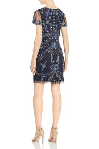 Aidan Mattox V-Neck Short Sleeve Embellished Zipper Back Mesh Dress - By Baano