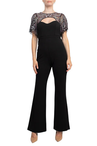 Aidan Mattox Crew Neck Cutout Front Short Sleeve Cutout Back Embellished Mesh Bodice Crepe Jumpsuit - Glamourous Grace
