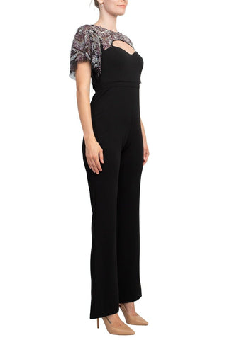 Aidan Mattox Crew Neck Cutout Front Short Sleeve Cutout Back Embellished Mesh Bodice Crepe Jumpsuit - Glamourous Grace