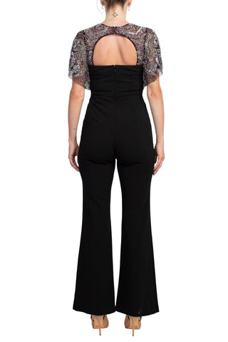 Aidan Mattox Crew Neck Cutout Front Short Sleeve Cutout Back Embellished Mesh Bodice Crepe Jumpsuit - Glamourous Grace