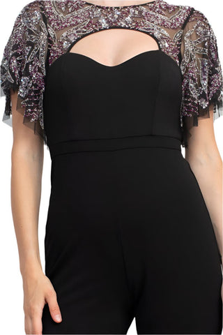 Aidan Mattox Crew Neck Cutout Front Short Sleeve Cutout Back Embellished Mesh Bodice Crepe Jumpsuit - Glamourous Grace