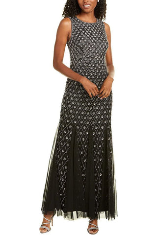 Aidan Mattox Crew Neck Sleeveless Zipper Back Embellished Godet Mesh Dress - By Baano