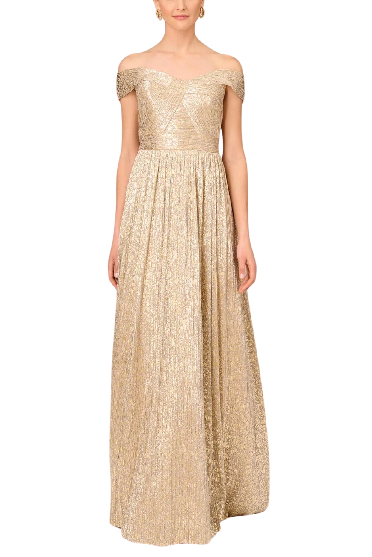 Aidan Mattox Off The Shoulder Metallic Foiled Pleated Mesh Long A-Line Ball Gown Dress