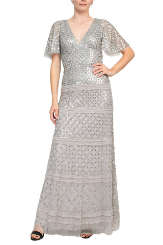 Aidan Mattox V-Neck Short Sleeve Beaded Sequined Piping Detail Zipper Back Mesh Gown - By Baano
