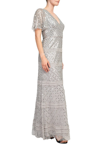 Aidan Mattox V-Neck Short Sleeve Beaded Sequined Piping Detail Zipper Back Mesh Gown - By Baano