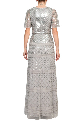 Aidan Mattox V-Neck Short Sleeve Beaded Sequined Piping Detail Zipper Back Mesh Gown - By Baano