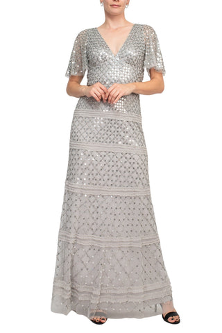Aidan Mattox V-Neck Short Sleeve Beaded Sequined Piping Detail Zipper Back Mesh Gown - By Baano