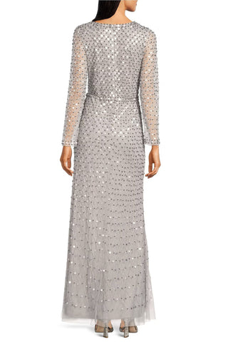 Aidan Mattox Sequined V-Neck Long Sleeve Slit Front Zipper Back Mesh Gown - By Baano