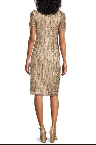 Aidan Mattox Light Gold Beaded Sequin Crew Neck Short Sleeve Dress - Glamourous Grace