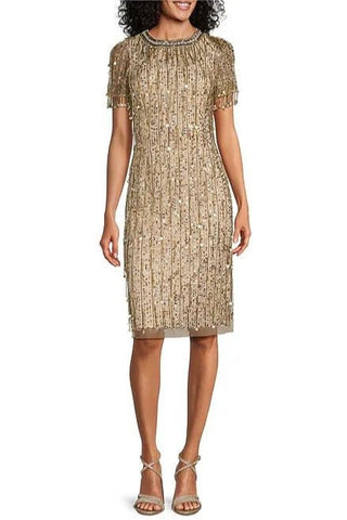 Aidan Mattox Light Gold Beaded Sequin Crew Neck Short Sleeve Dress - Glamourous Grace