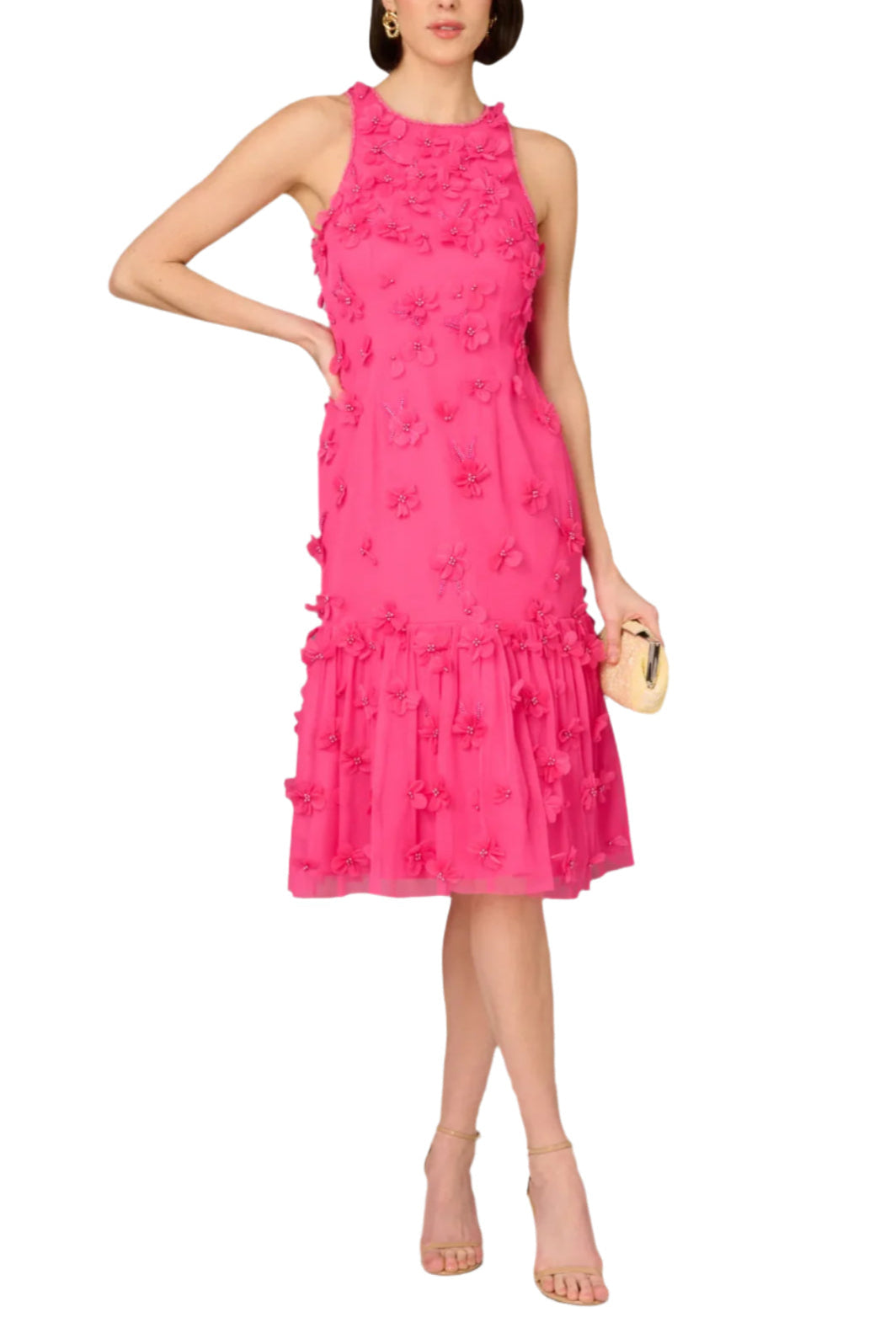 Aidan Mattox Crew Neckline Subtle Beaded Floral Details Flounce Skirt Halter Bodice Midi Dress