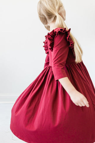 SALE Burgundy 3/4 Sleeve Ruffle Twirl Dress - By Baano