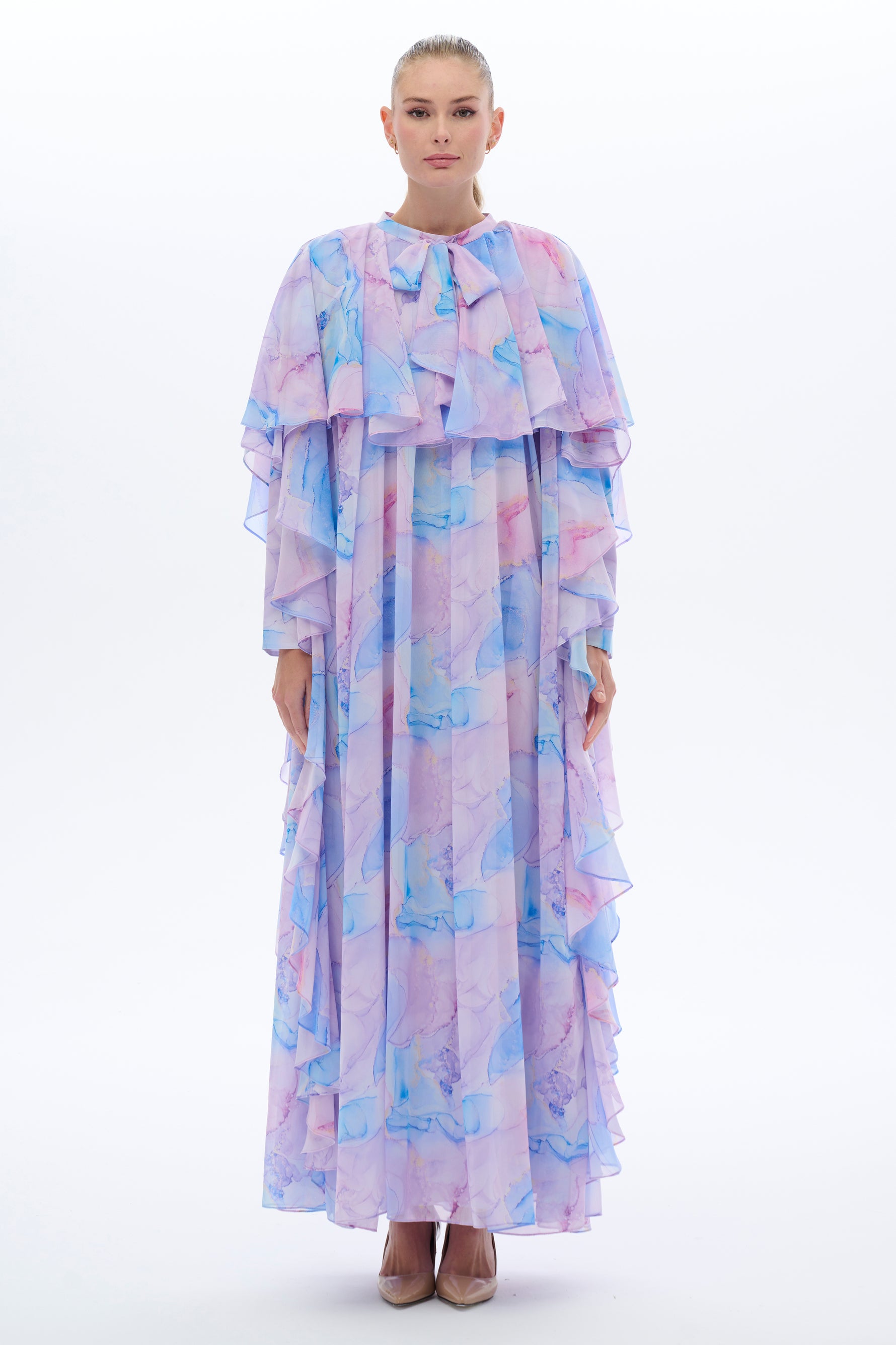 Caftan Style Long Maxi Dress With Half Cloak - By Baano