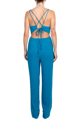 Aidan by Aidan Mattox Spaghetti Strap Cutout Tie Back Solid Crepe Jumpsuit - By Baano