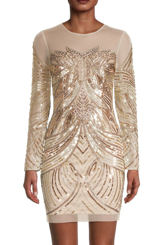 Aidan Mattox Illusion Crew Neck Long Sleeve Bodycon Zipper Back Embellished Mesh Dress - By Baano