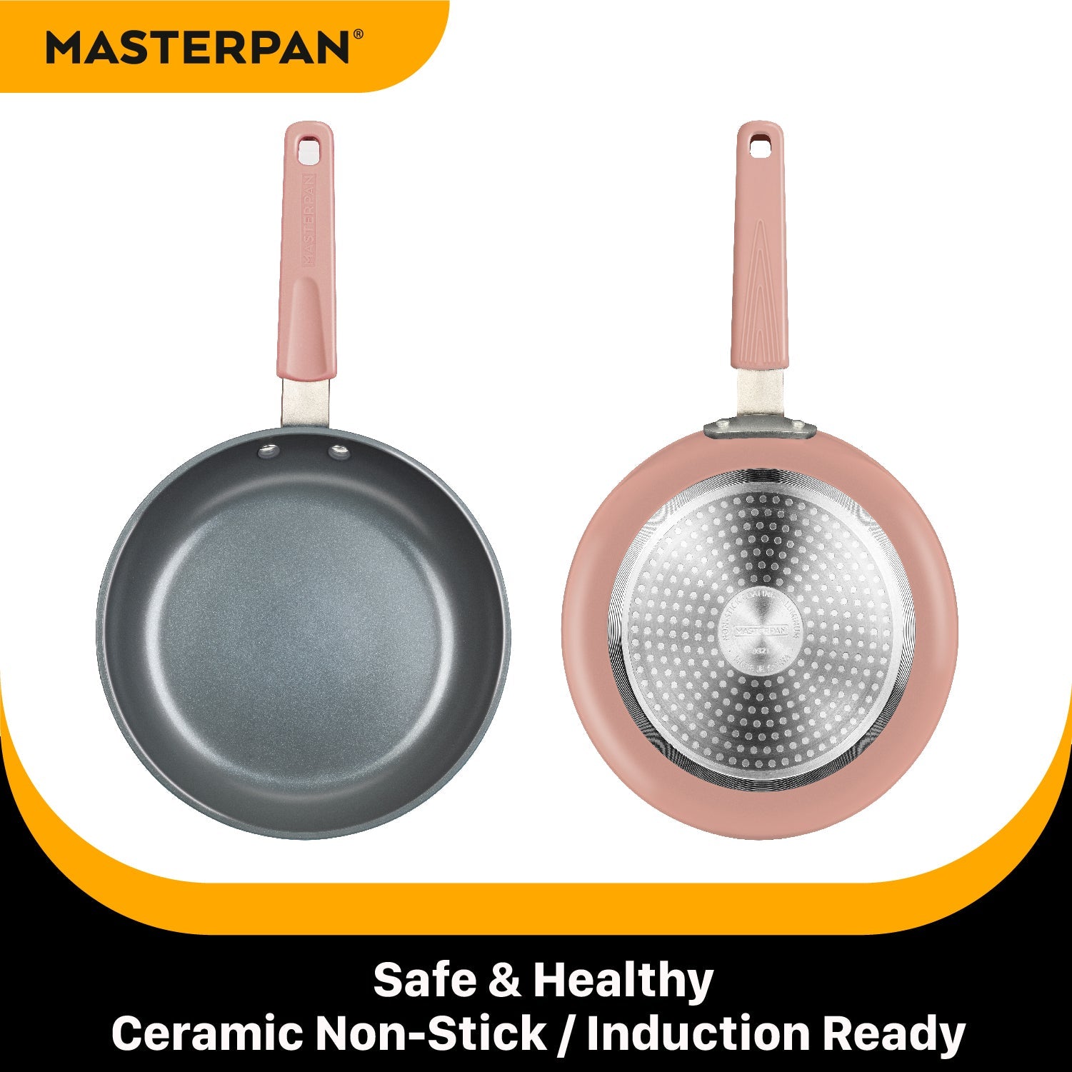 MASTERPAN Ceramic Nonstick Stovetop Oven Frypan & Skillet & Stainless Steel Lid Set, Clay Color 9.5