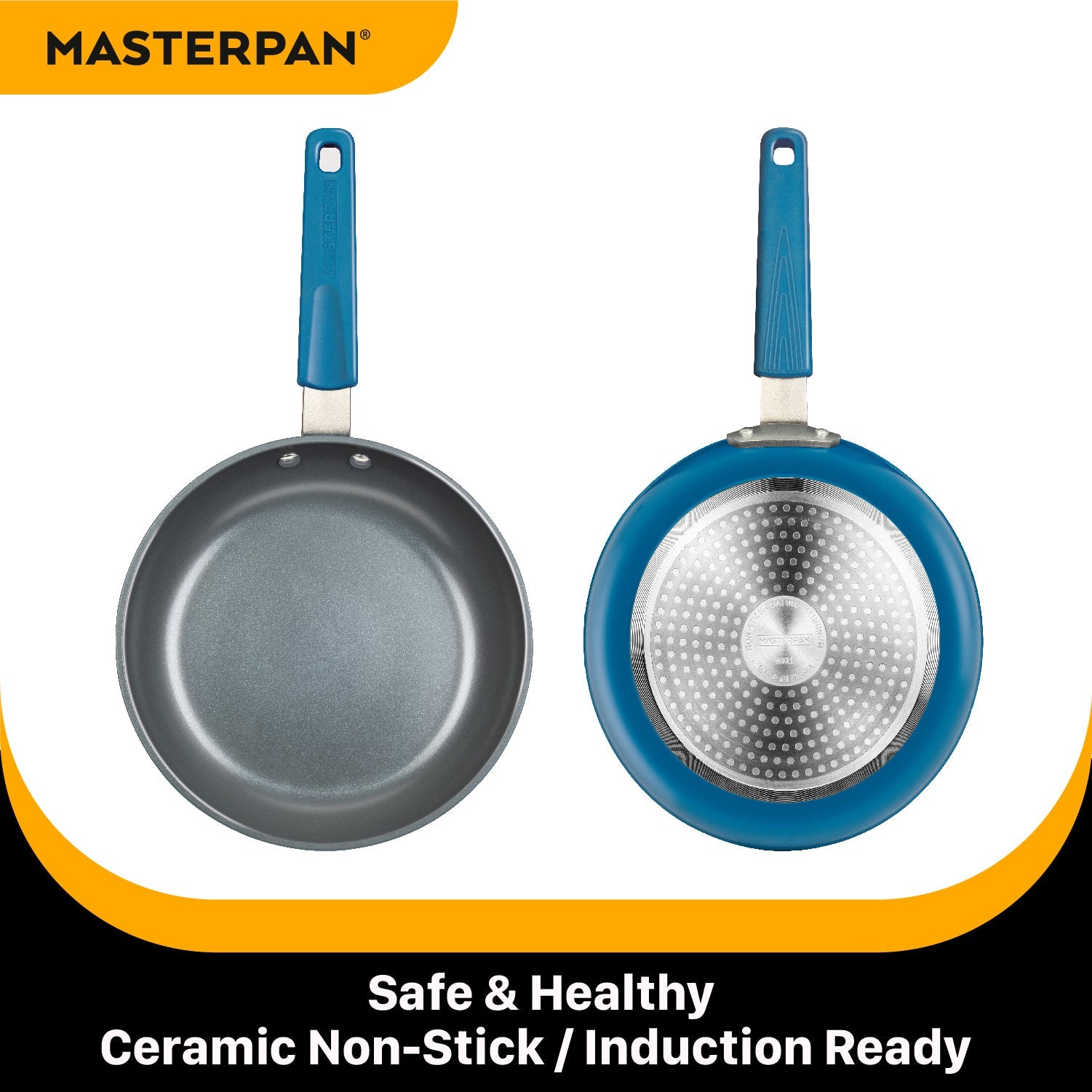 MASTERPAN Ceramic Nonstick Stovetop Oven Frypan & Skillet & Stainless Steel Lid Set, Azure Color 9.5