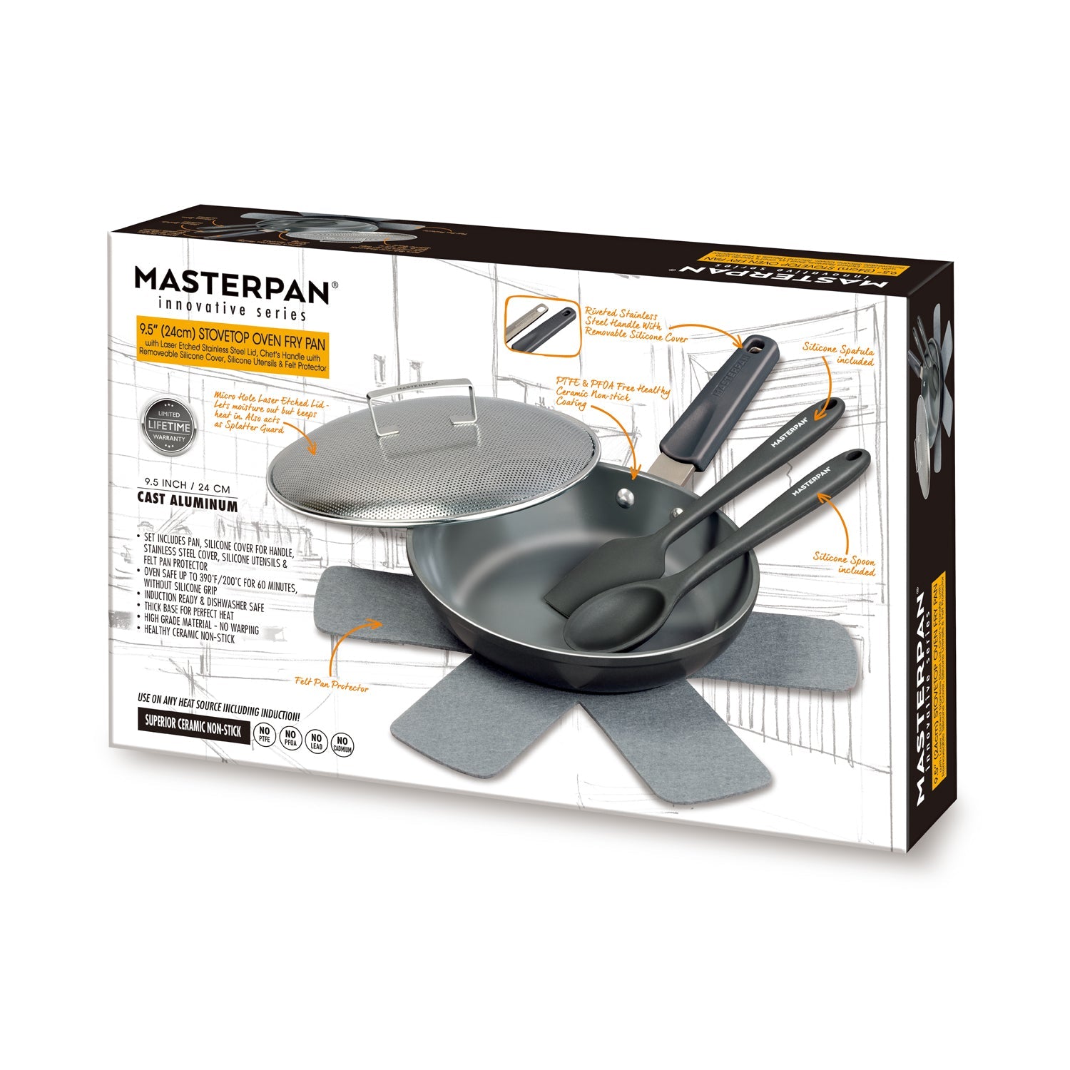 MASTERPAN Ceramic Nonstick Stovetop Oven Frypan & Skillet with Stainless Steel Lid & Utensils, Grey 9.5