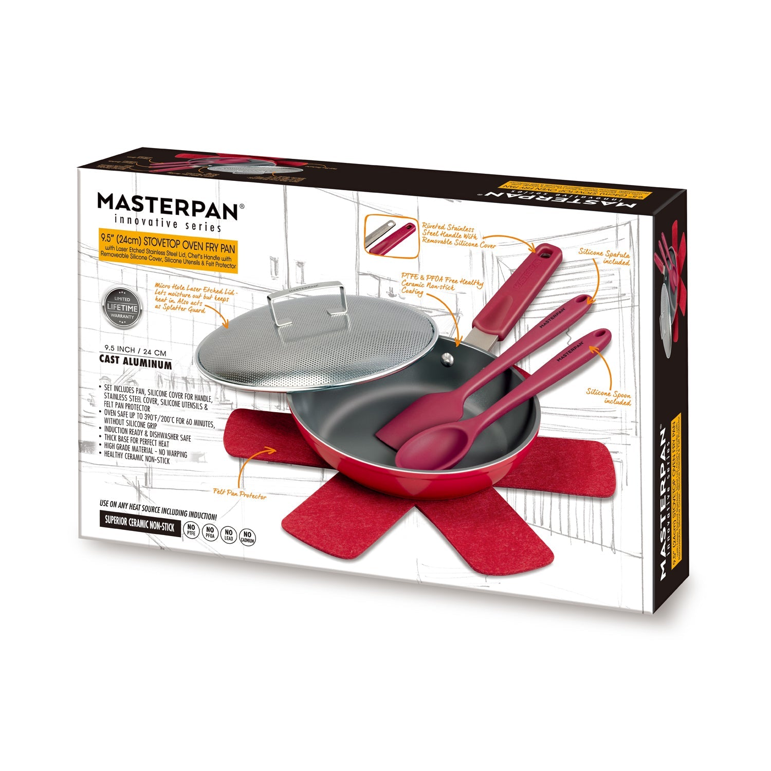 MASTERPAN Ceramic Nonstick Stovetop Oven Frypan & Skillet with Stainless Steel Lid & Utensils, Beet 9.5